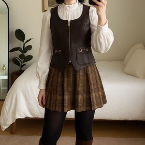 NWOT 7 For All Mankind Brown Leather Houndstooth Sleeveless Vest - Junior's XS